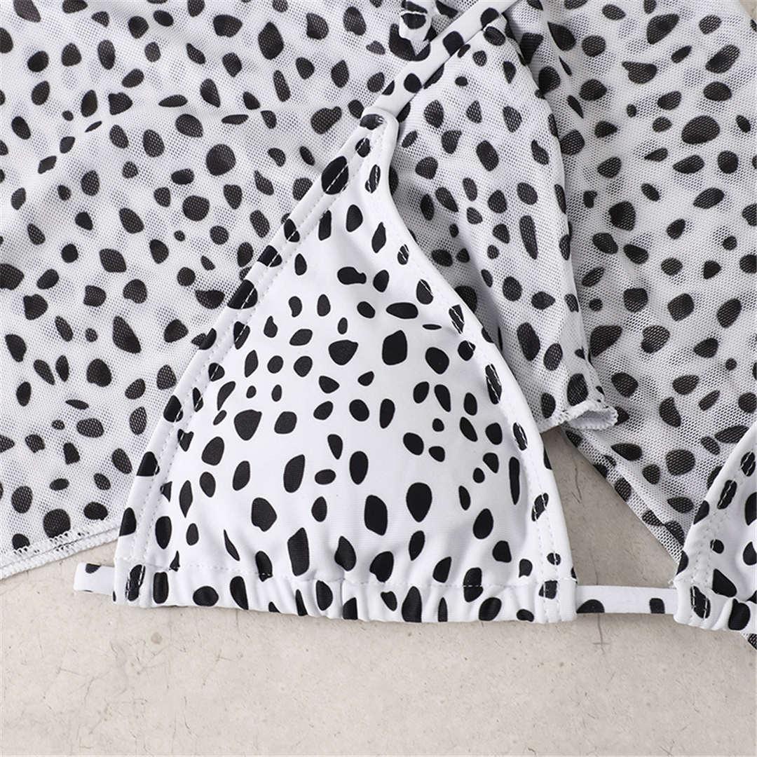 Vintage Halter Printed Leopard Bikini Female Lace Up Bottom Swimsuit Women Swimwear Long Sleeve Bathing Suits Leopard Print Swimsuit Three-pieces Bikini Set Long Sleeve Bathing Suit Cute Swimwear