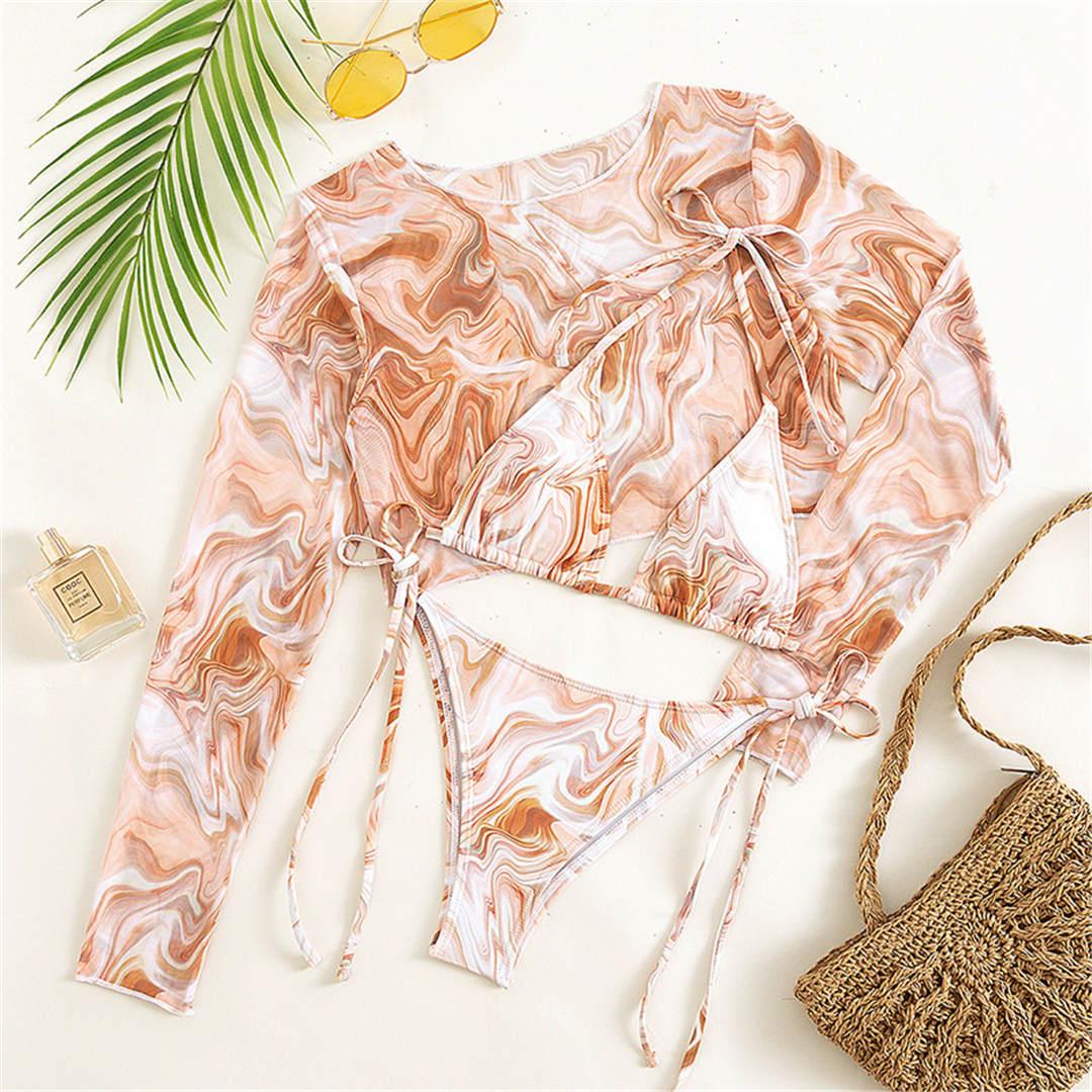 Vintage Halter Printed Leopard Bikini Female Lace Up Bottom Swimsuit Women Swimwear Long Sleeve Bathing Suits Leopard Print Swimsuit Three-pieces Bikini Set Long Sleeve Bathing Suit Cute Swimwear