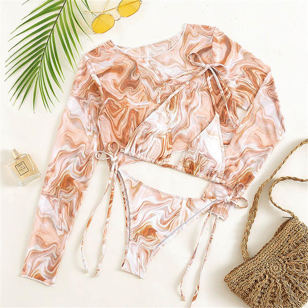 Vintage Halter Printed Leopard Bikini Female Lace Up Bottom Swimsuit Women Swimwear Long Sleeve Bathing Suits Leopard Print Swimsuit Three-pieces Bikini Set Long Sleeve Bathing Suit Cute Swimwear