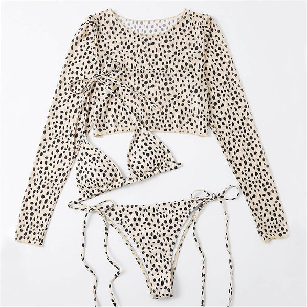 Vintage Halter Printed Leopard Bikini Female Lace Up Bottom Swimsuit Women Swimwear Long Sleeve Bathing Suits Leopard Print Swimsuit Three-pieces Bikini Set Long Sleeve Bathing Suit Cute Swimwear