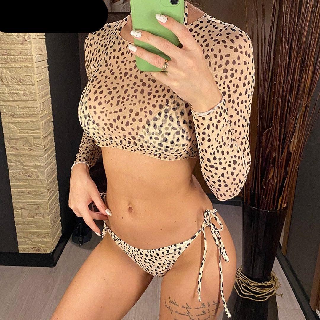 Vintage Halter Printed Leopard Bikini Female Lace Up Bottom Swimsuit Women Swimwear Long Sleeve Bathing Suits Leopard Print Swimsuit Three-pieces Bikini Set Long Sleeve Bathing Suit Cute Swimwear