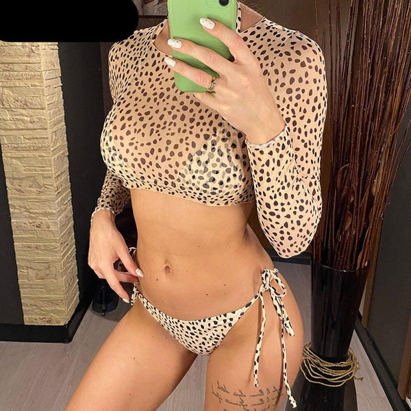 Vintage Halter Printed Leopard Bikini Female Lace Up Bottom Swimsuit Women Swimwear Long Sleeve Bathing Suits Leopard Print Swimsuit Three-pieces Bikini Set Long Sleeve Bathing Suit Cute Swimwear