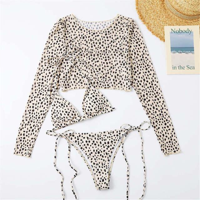 Vintage Halter Printed Leopard Bikini Female Lace Up Bottom Swimsuit Women Swimwear Long Sleeve Bathing Suits Leopard Print Swimsuit Three-pieces Bikini Set Long Sleeve Bathing Suit Cute Swimwear