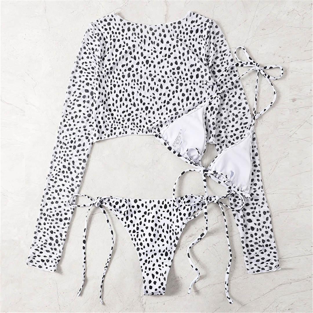 Vintage Halter Printed Leopard Bikini Female Lace Up Bottom Swimsuit Women Swimwear Long Sleeve Bathing Suits Leopard Print Swimsuit Three-pieces Bikini Set Long Sleeve Bathing Suit Cute Swimwear
