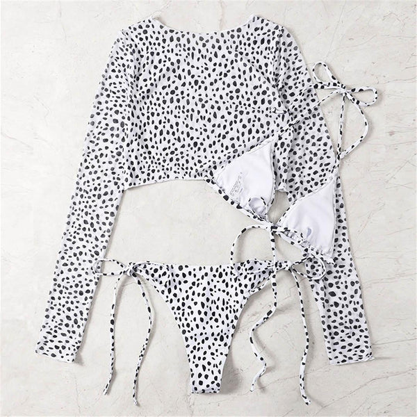 Vintage Halter Printed Leopard Bikini Female Lace Up Bottom Swimsuit Women Swimwear Long Sleeve Bathing Suits Leopard Print Swimsuit Three-pieces Bikini Set Long Sleeve Bathing Suit Cute Swimwear