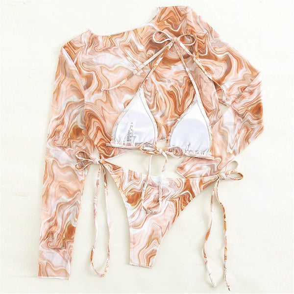 Vintage Halter Printed Leopard Bikini Female Lace Up Bottom Swimsuit Women Swimwear Long Sleeve Bathing Suits Leopard Print Swimsuit Three-pieces Bikini Set Long Sleeve Bathing Suit Cute Swimwear