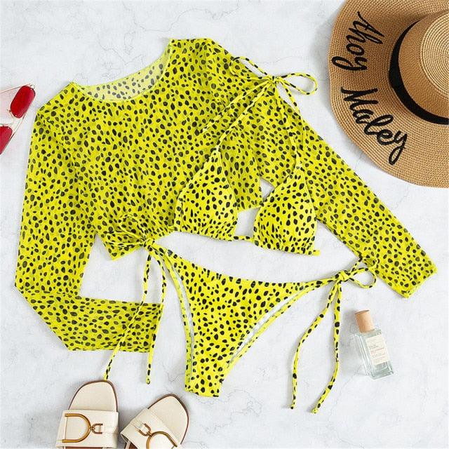 Vintage Halter Printed Leopard Bikini Female Lace Up Bottom Swimsuit Women Swimwear Long Sleeve Bathing Suits Leopard Print Swimsuit Three-pieces Bikini Set Long Sleeve Bathing Suit Cute Swimwear