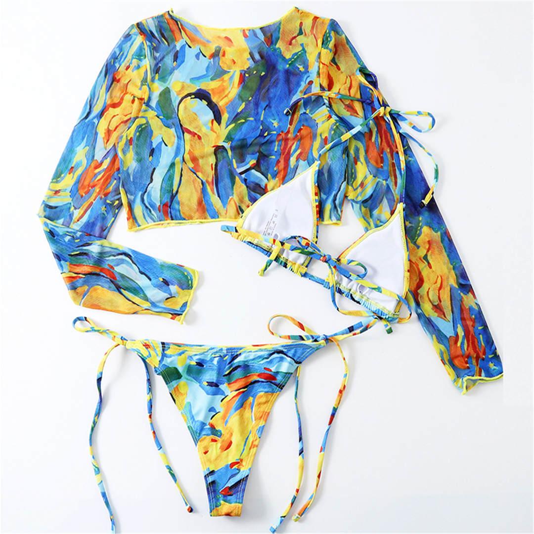 Vintage Halter Printed Leopard Bikini Female Lace Up Bottom Swimsuit Women Swimwear Long Sleeve Bathing Suits Leopard Print Swimsuit Three-pieces Bikini Set Long Sleeve Bathing Suit Cute Swimwear