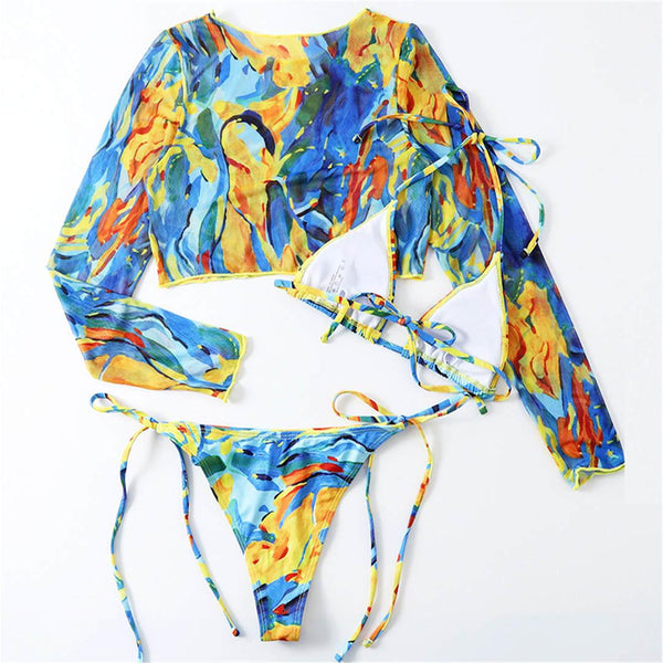 Vintage Halter Printed Leopard Bikini Female Lace Up Bottom Swimsuit Women Swimwear Long Sleeve Bathing Suits Leopard Print Swimsuit Three-pieces Bikini Set Long Sleeve Bathing Suit Cute Swimwear