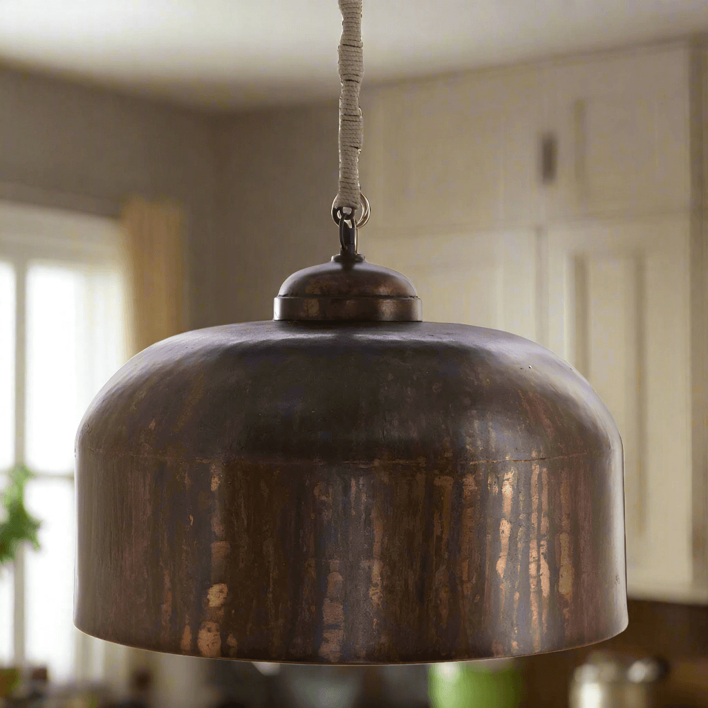 Vintage Industrial Iron Pendant Light with Jute Wrap