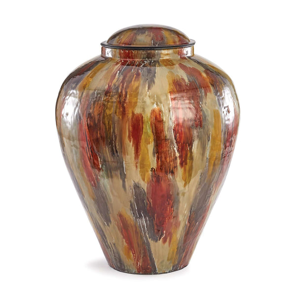 Vintage Lidded Enameled Iron Vase with Autumn Brushstroke Finish