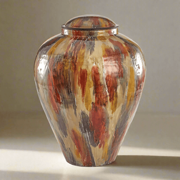 Vintage Lidded Enameled Iron Vase with Autumn Brushstroke Finish
