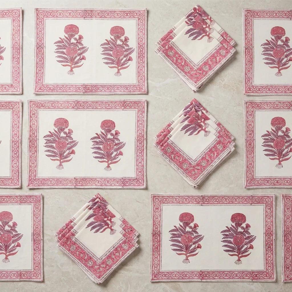 Hand Block Printed Cotton Magenta & Cream 13 Pieces Table Linen Set