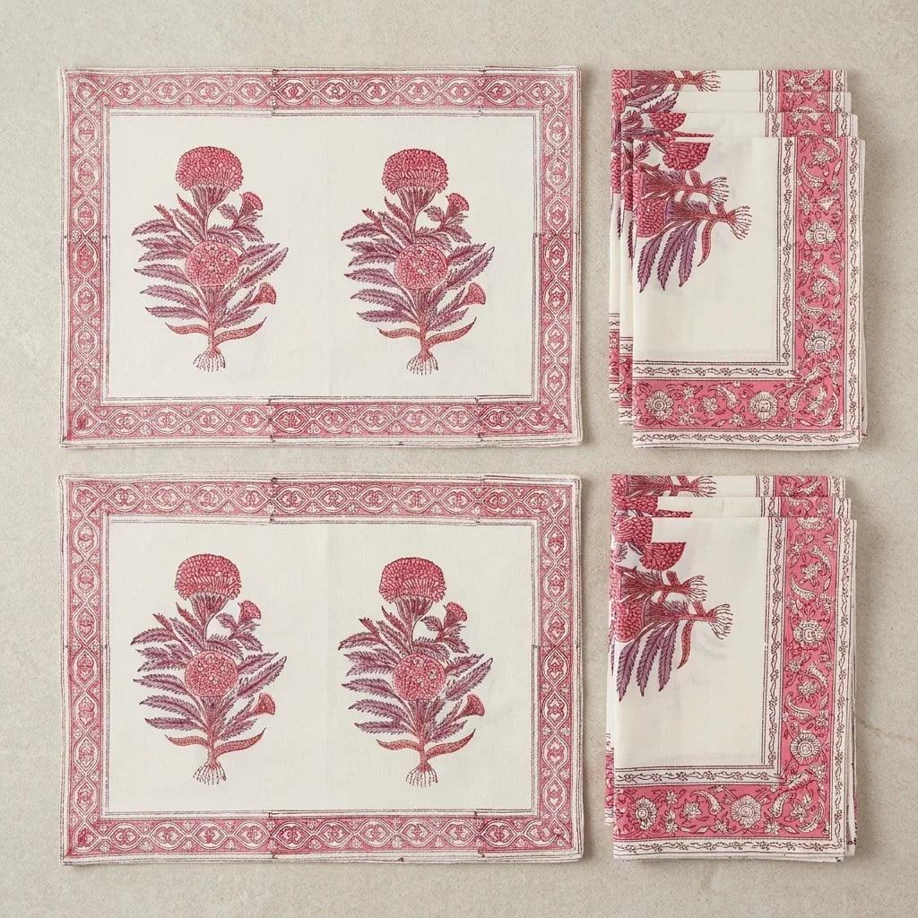 Hand Block Printed Cotton Magenta & Cream 13 Pieces Table Linen Set
