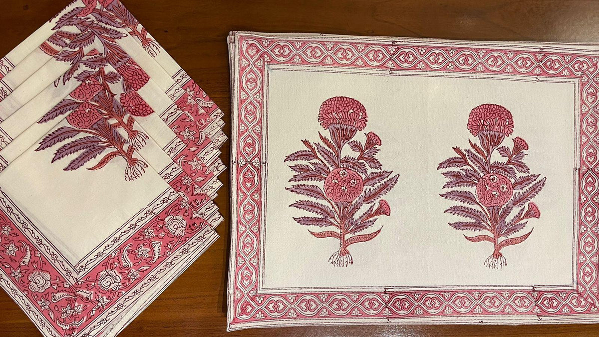 Hand Block Printed Cotton Magenta & Cream 13 Pieces Table Linen Set