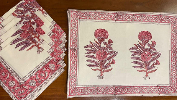 Hand Block Printed Cotton Magenta & Cream 13 Pieces Table Linen Set
