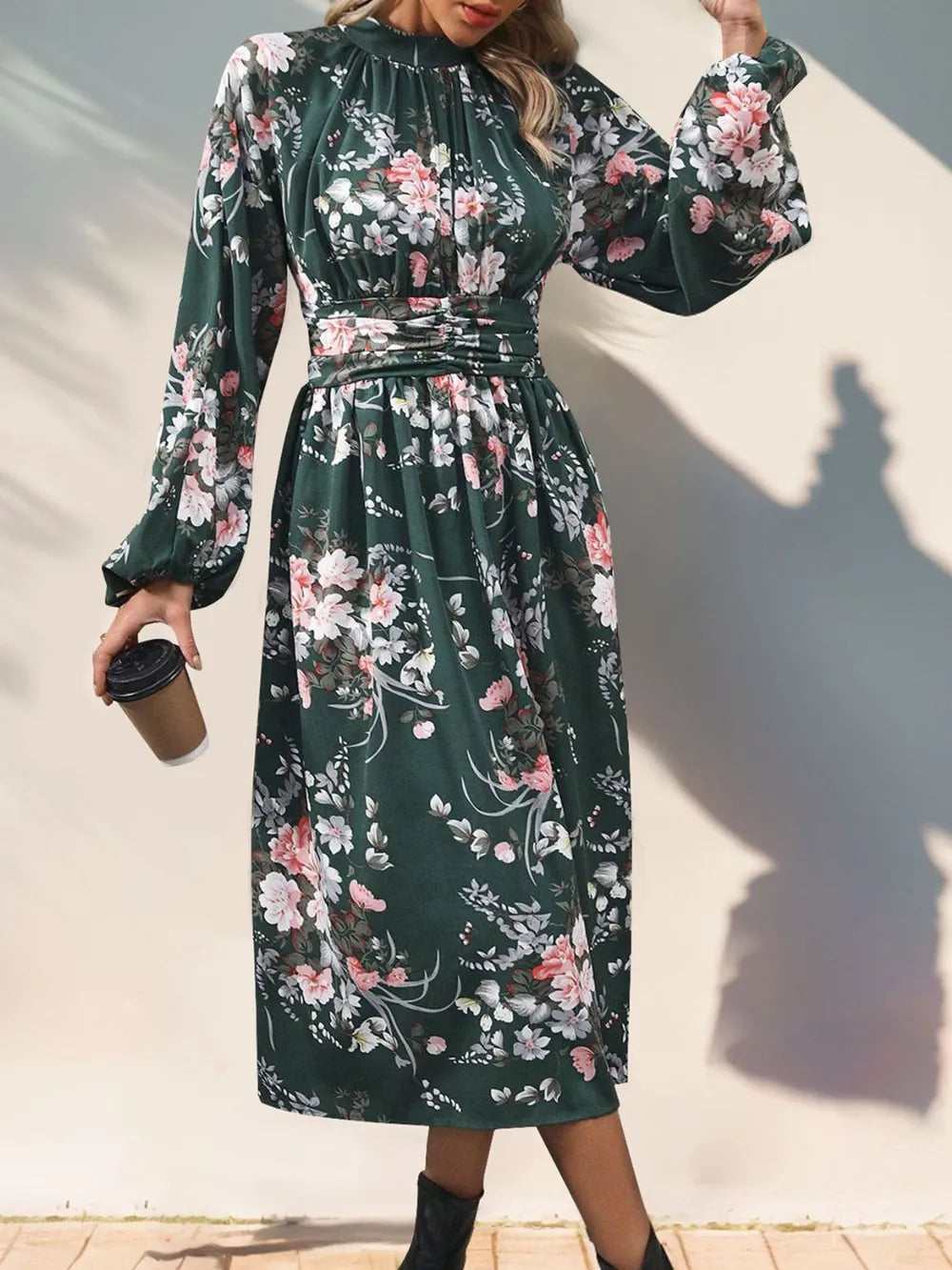 Vintage printed elegant high waisted dress with long sleeves and stand up collar women's long skirt