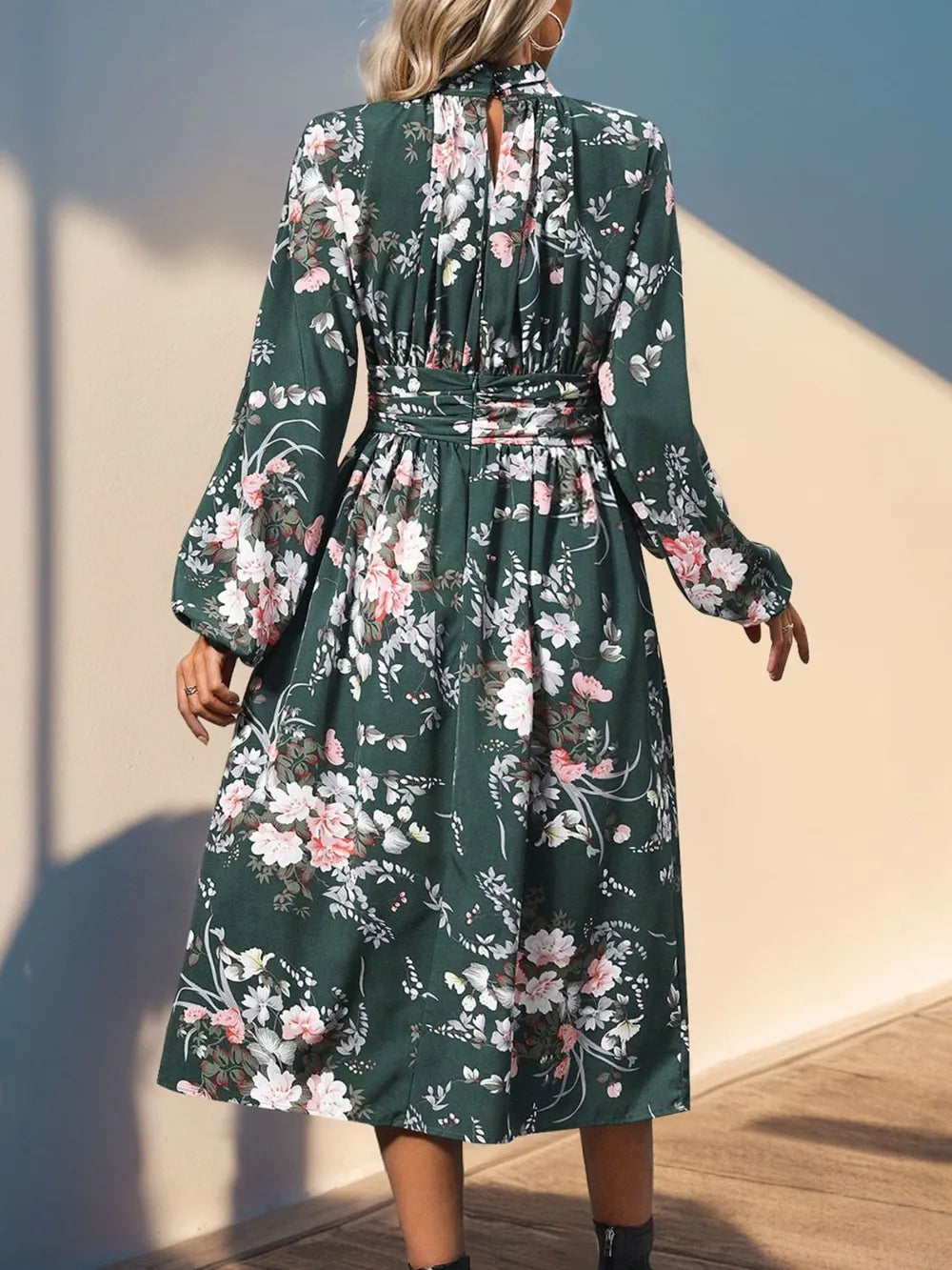 Vintage printed elegant high waisted dress with long sleeves and stand up collar women's long skirt