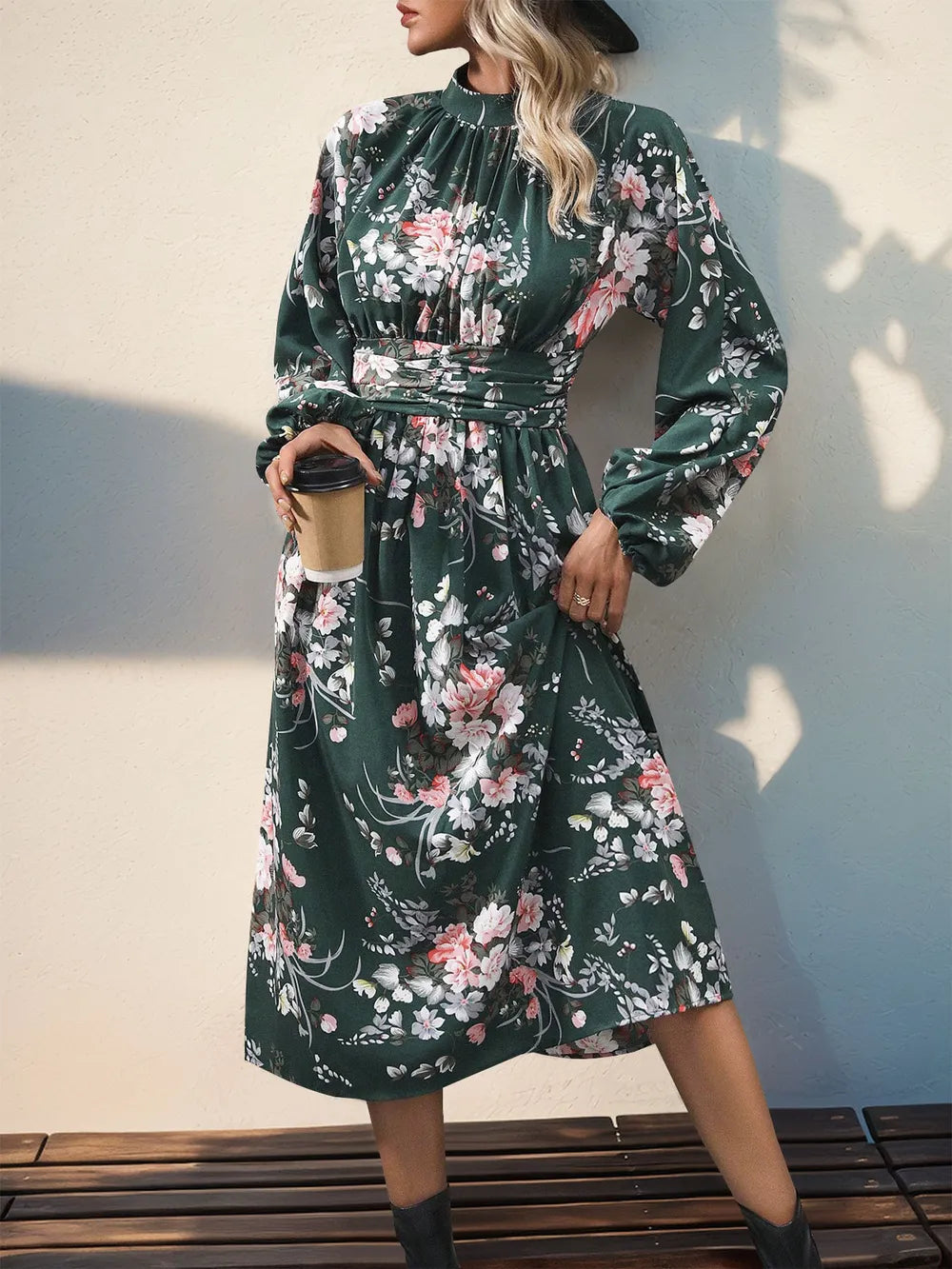 Vintage printed elegant high waisted dress with long sleeves and stand up collar women's long skirt