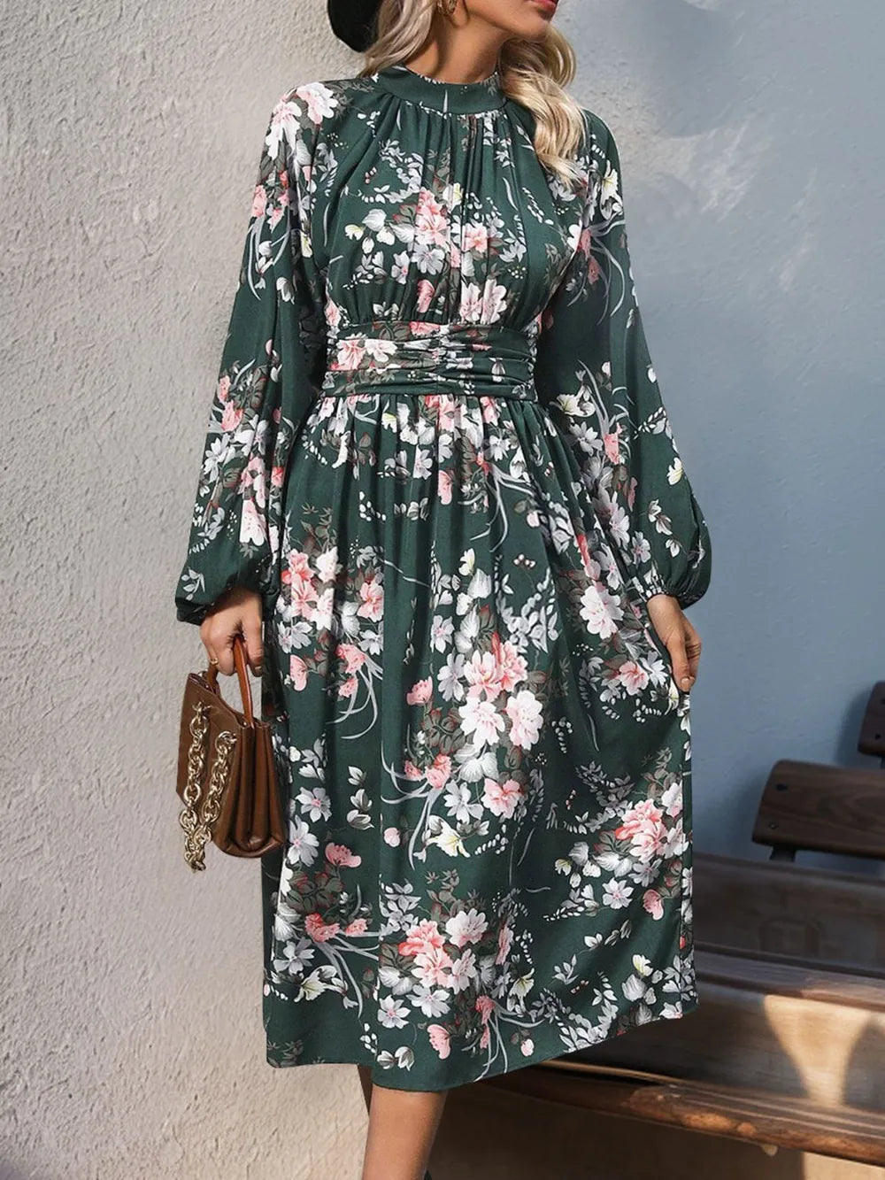 Vintage printed elegant high waisted dress with long sleeves and stand up collar women's long skirt