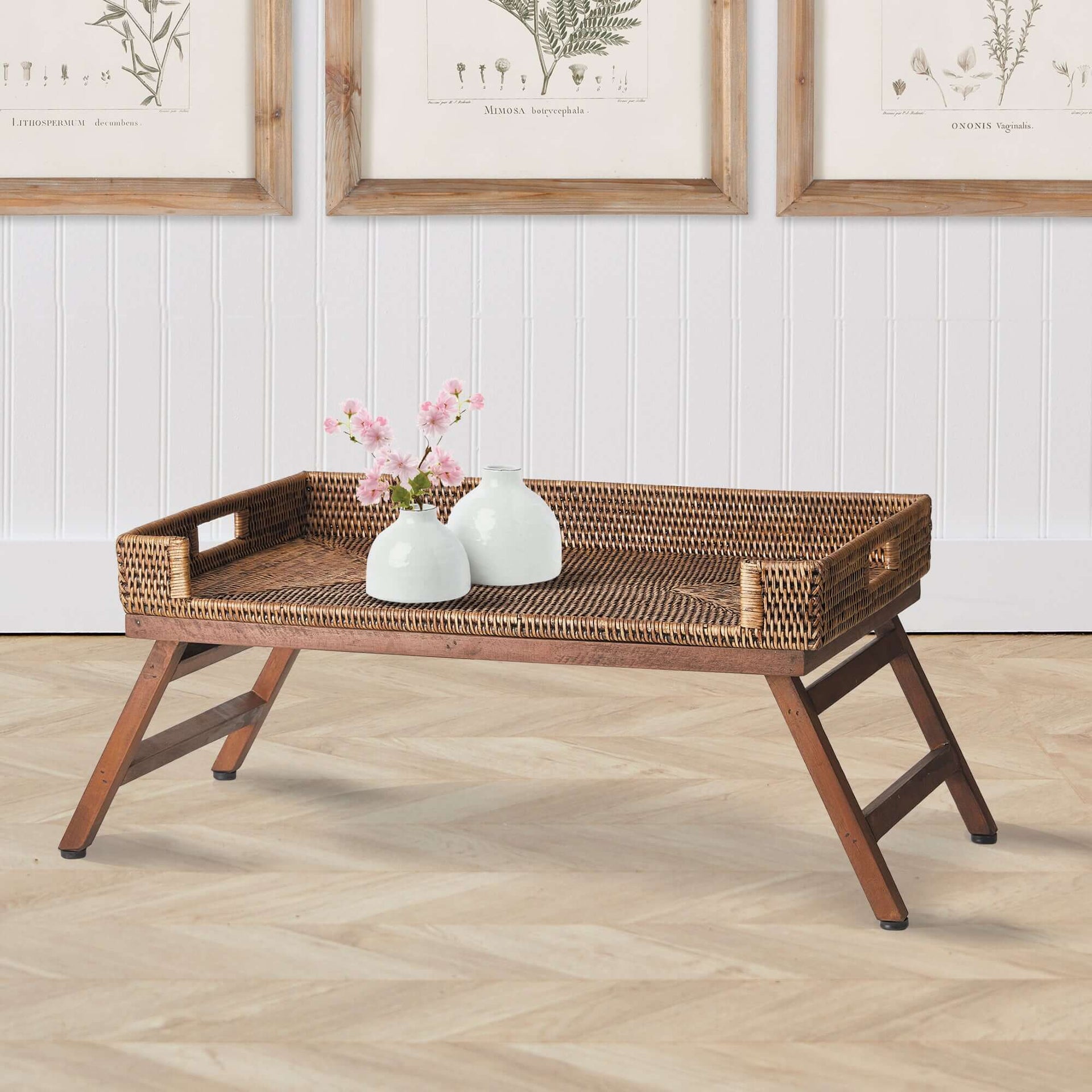 Vintage Rattan Tray Table with Collapsible Legs