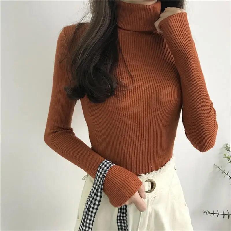 Vintage Style Autumn Winter Thick Sweater For Women Knitted Ribbed Pullover Sweater Long Sleeve Turtleneck Slim Jumper Soft Warm Pullover