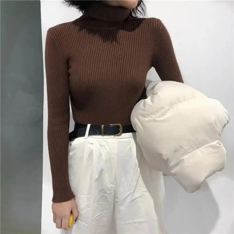 Vintage Style Autumn Winter Thick Sweater For Women Knitted Ribbed Pullover Sweater Long Sleeve Turtleneck Slim Jumper Soft Warm Pullover