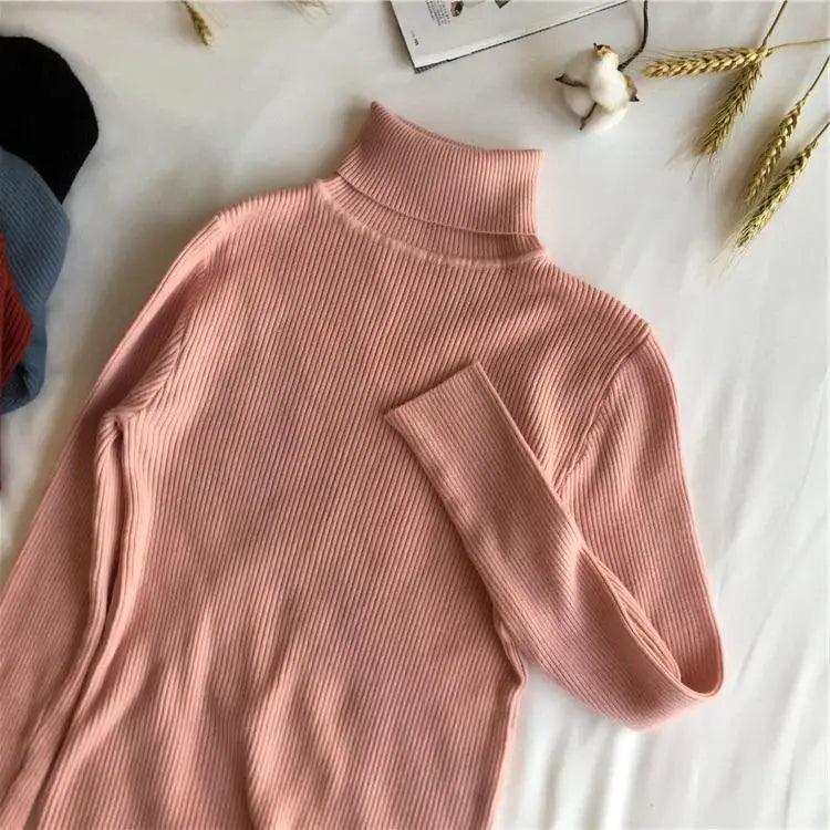 Vintage Style Autumn Winter Thick Sweater For Women Knitted Ribbed Pullover Sweater Long Sleeve Turtleneck Slim Jumper Soft Warm Pullover