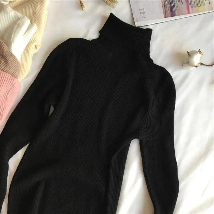 Vintage Style Autumn Winter Thick Sweater For Women Knitted Ribbed Pullover Sweater Long Sleeve Turtleneck Slim Jumper Soft Warm Pullover
