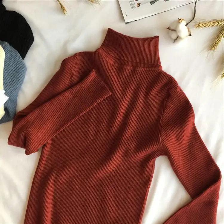 Vintage Style Autumn Winter Thick Sweater For Women Knitted Ribbed Pullover Sweater Long Sleeve Turtleneck Slim Jumper Soft Warm Pullover