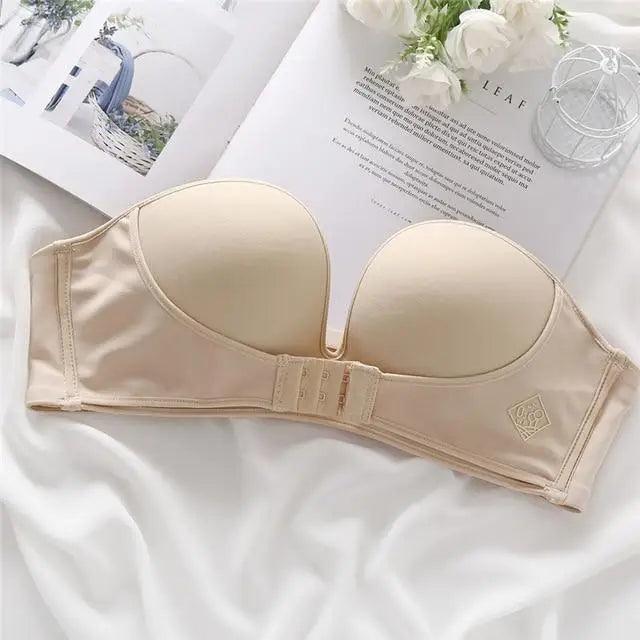 Vintage Style Front Closure Sexy Push Up Bra Women Invisible Bras Underwear Lingerie for Female Brassiere Strapless Seamless Bralette ABC Cup
