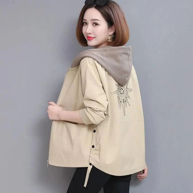 Vintage Style Women's Coat Hooded Jacket Long Sleeve Zipper Pockets Casual Windbreaker Basic Jackets Outerwear Plus Size 4XL E25