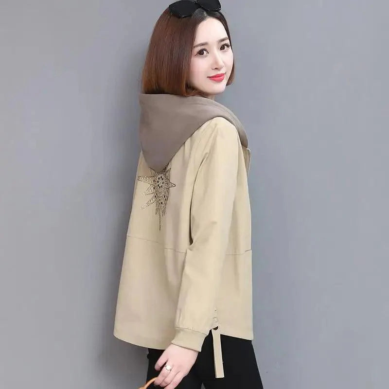 Vintage Style Women's Coat Hooded Jacket Long Sleeve Zipper Pockets Casual Windbreaker Basic Jackets Outerwear Plus Size 4XL E25