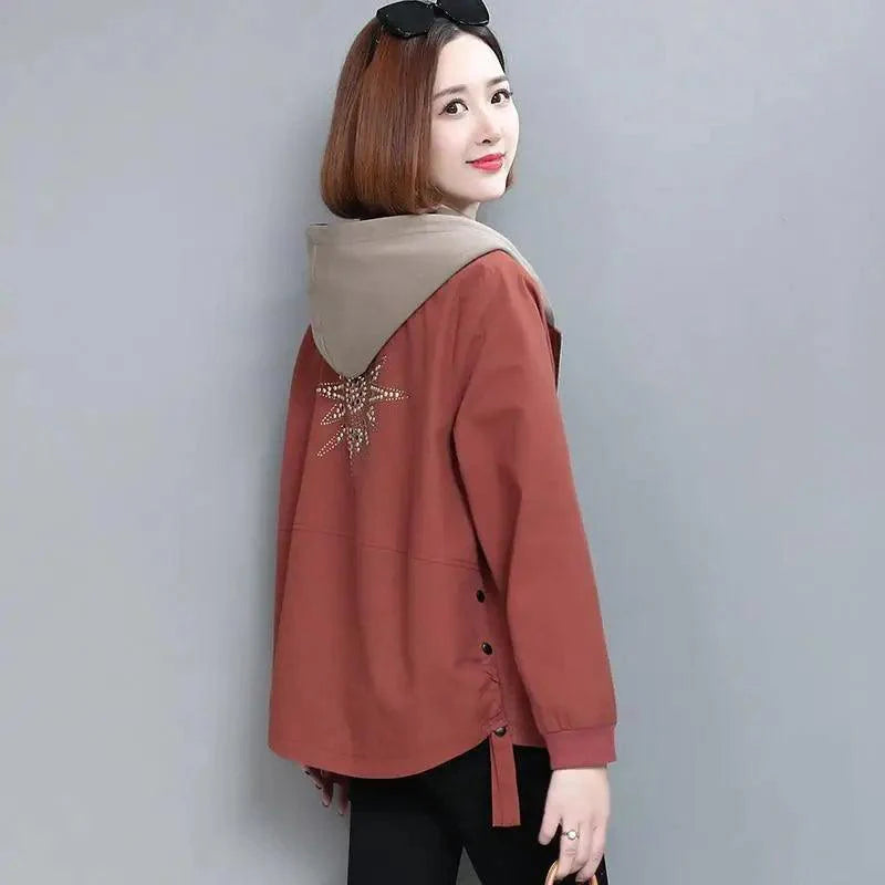 Vintage Style Women's Coat Hooded Jacket Long Sleeve Zipper Pockets Casual Windbreaker Basic Jackets Outerwear Plus Size 4XL E25