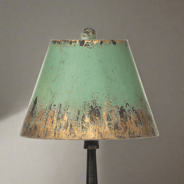 Vintage Table Lamp with Distressed Green and Gold Shade