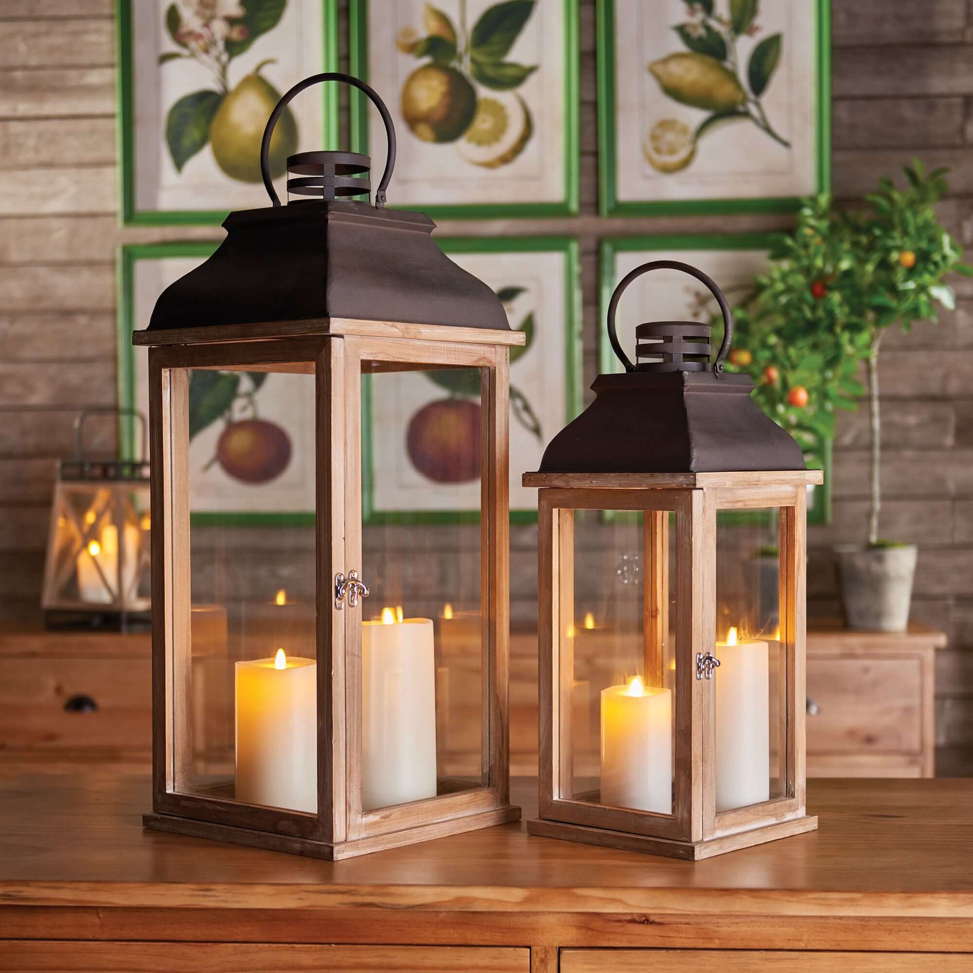 Vintage Wood and Metal Lantern Set with Glass Panels (Set of 2)