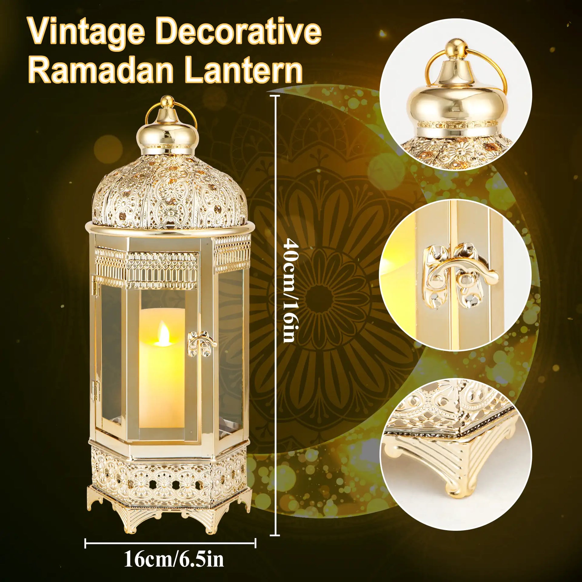 Moroccan Candle Lantern 16'' Gold Hexagonal Candle Holder