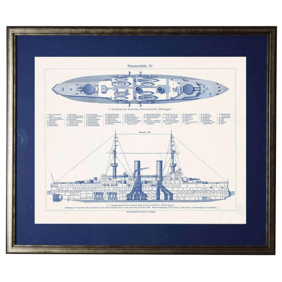 Vintage German Warship Blueprint Wall Art
