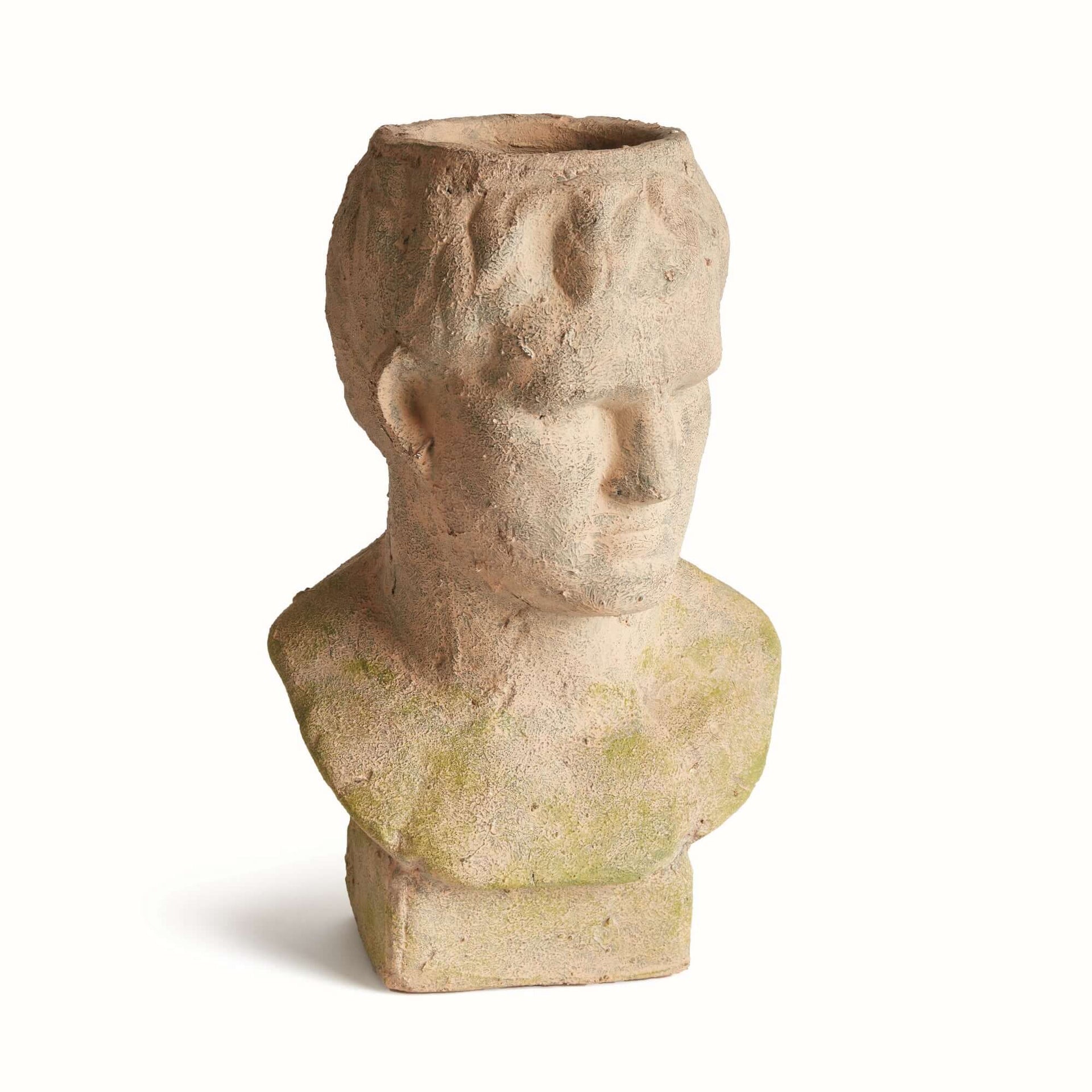 Vintage Moss Terracotta Male Bust Planter