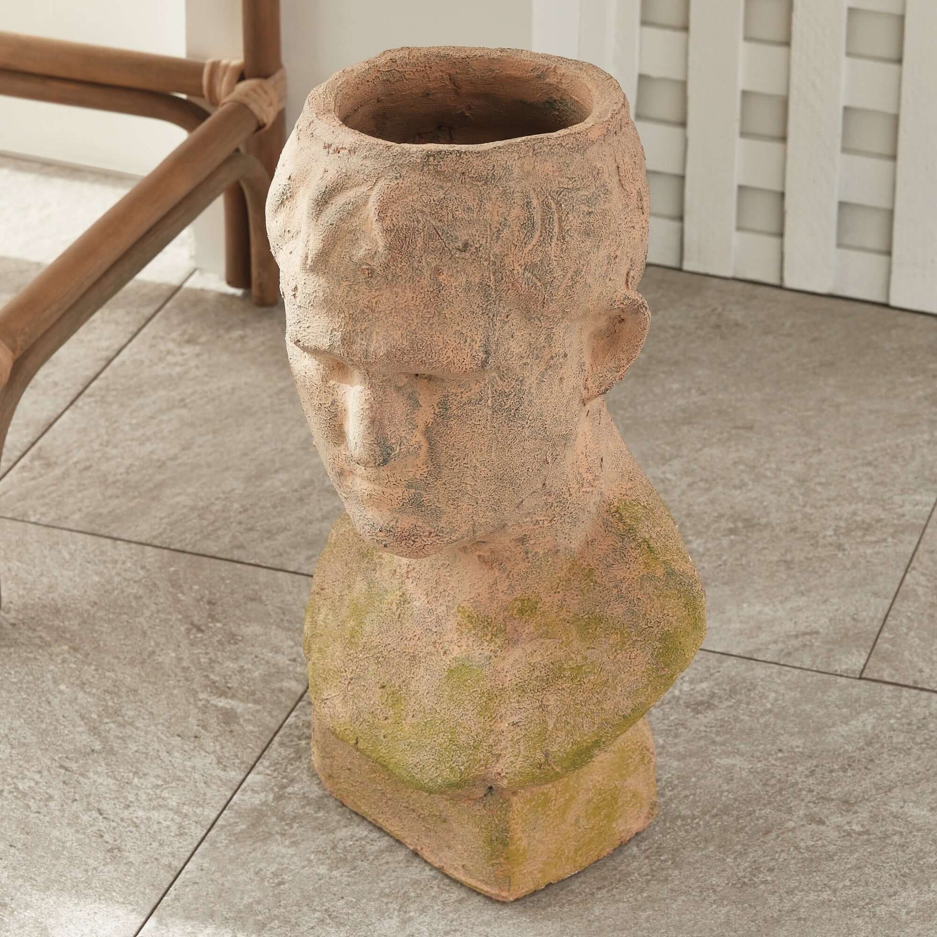 Vintage Moss Terracotta Male Bust Planter