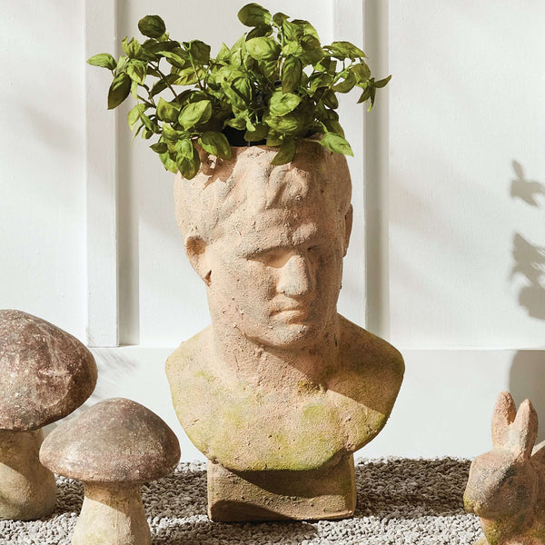 Vintage Moss Terracotta Male Bust Planter