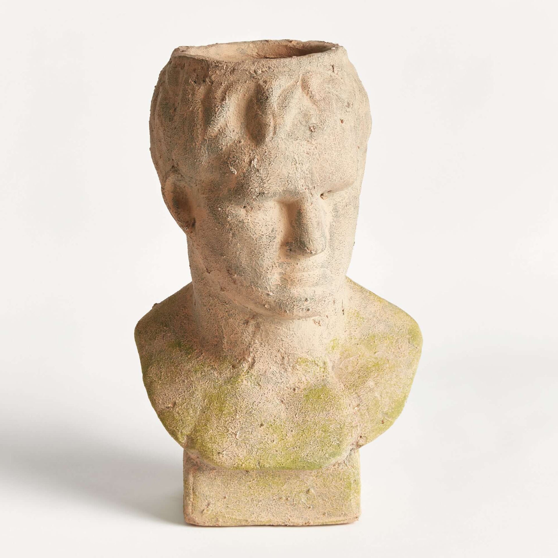 Vintage Moss Terracotta Male Bust Planter