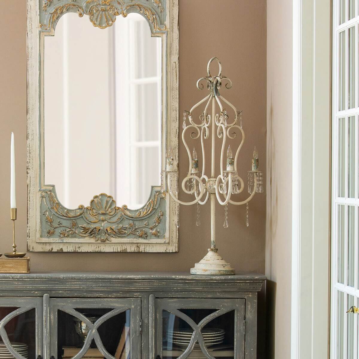 Vintage Tabletop Chandelier with Crystals and Distressed Finish