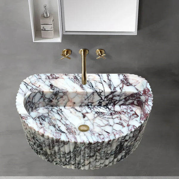 Calacatta Viola Marble Wall-Mount Fluted Half-Round Bathroom Sink (W)16