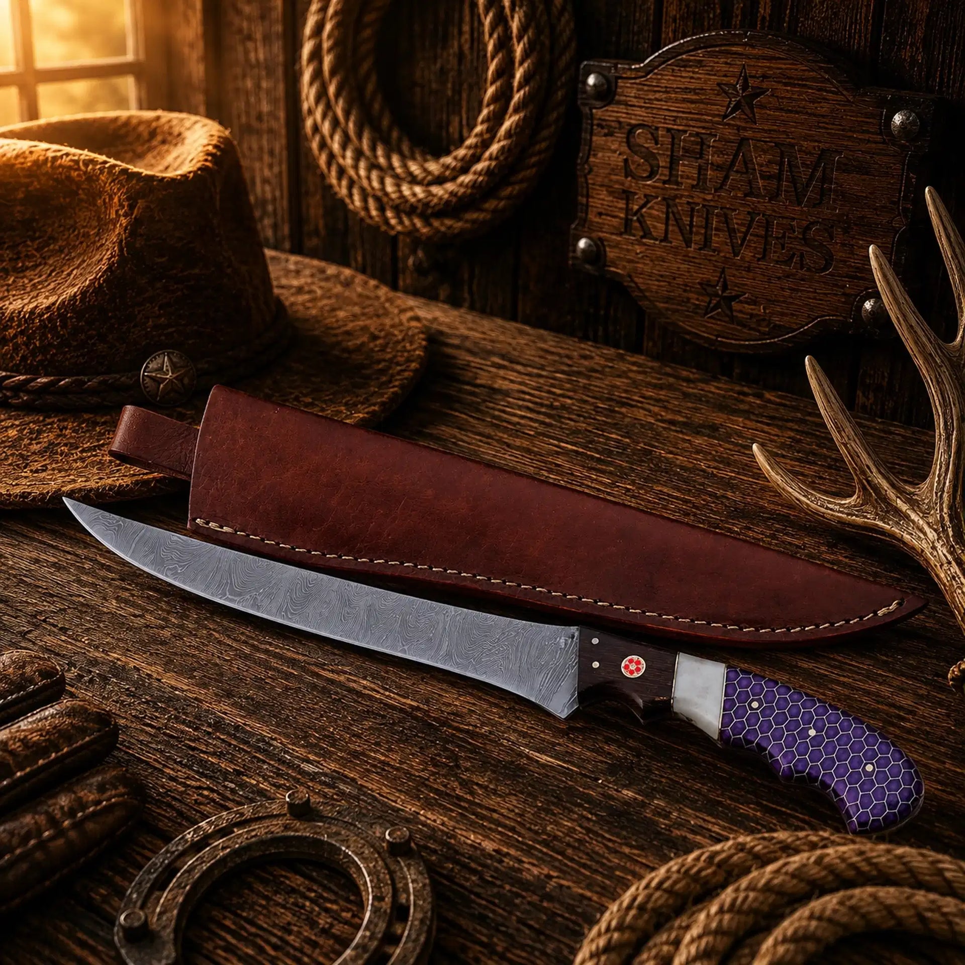 Violet Angler Damascus Steel Fillet Knife – Purple Honeycomb Handle Handmade