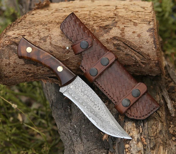 Virtue Damascus Hunting Knife Fixed Blade with Exotic Rose Wood Handle - Gifts for You 'n Me