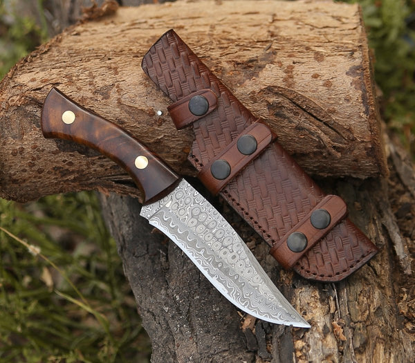 Virtue Damascus Hunting Knife Fixed Blade with Exotic Rose Wood Handle
