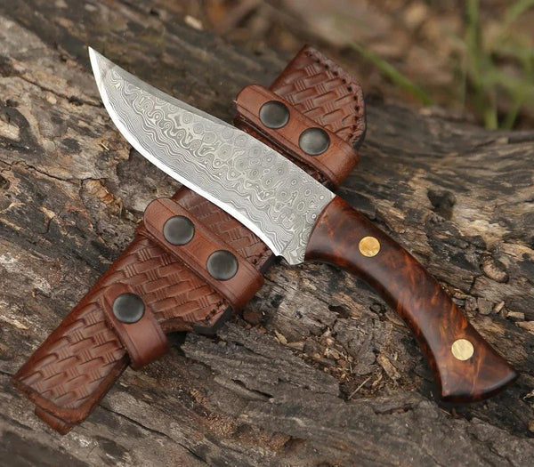 Virtue Damascus Hunting Knife Fixed Blade with Exotic Rose Wood Handle - Gifts for You 'n Me