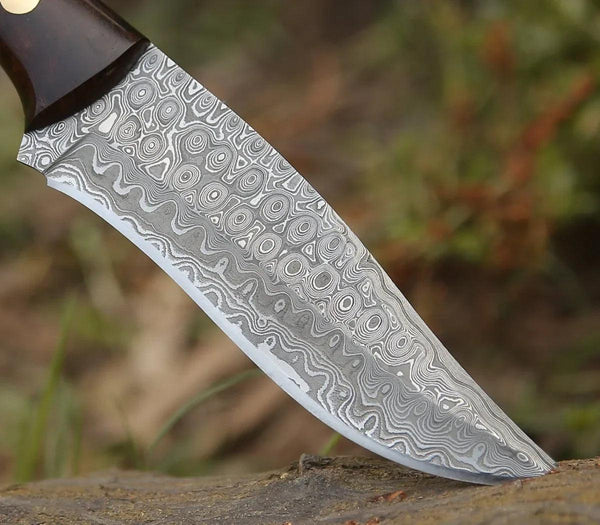 Virtue Damascus Hunting Knife Fixed Blade with Exotic Rose Wood Handle - Gifts for You 'n Me