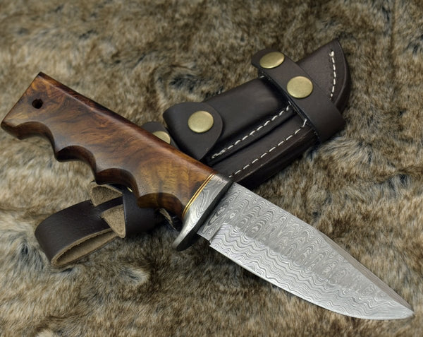 Vivid Damascus Hunting Knife with Exotic Rose Wood handle
